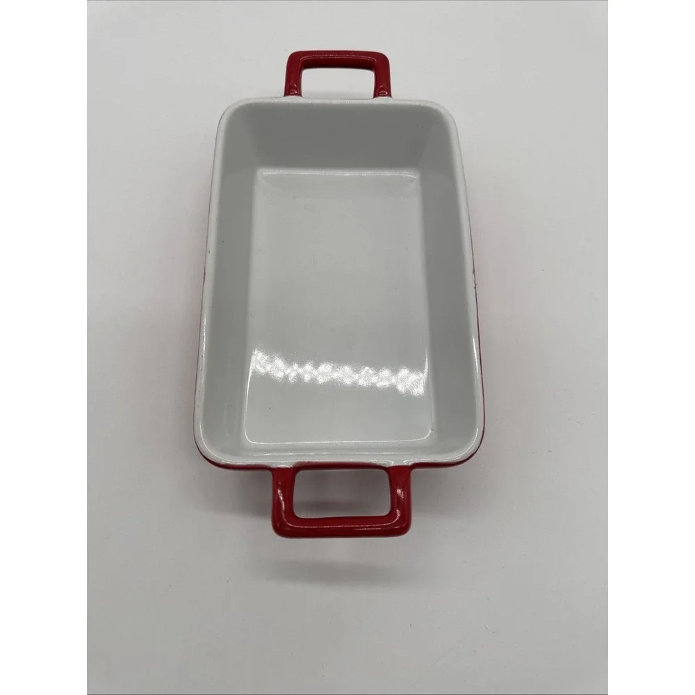 Crate & Barrel Stoneware Mini Casserole Baking Pan Dish Handles Red White Small